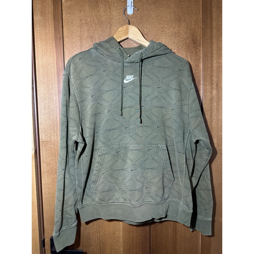 Nike Men's Medium Olive Green Swoosh Print Pullover Hoodie Sweatshirt